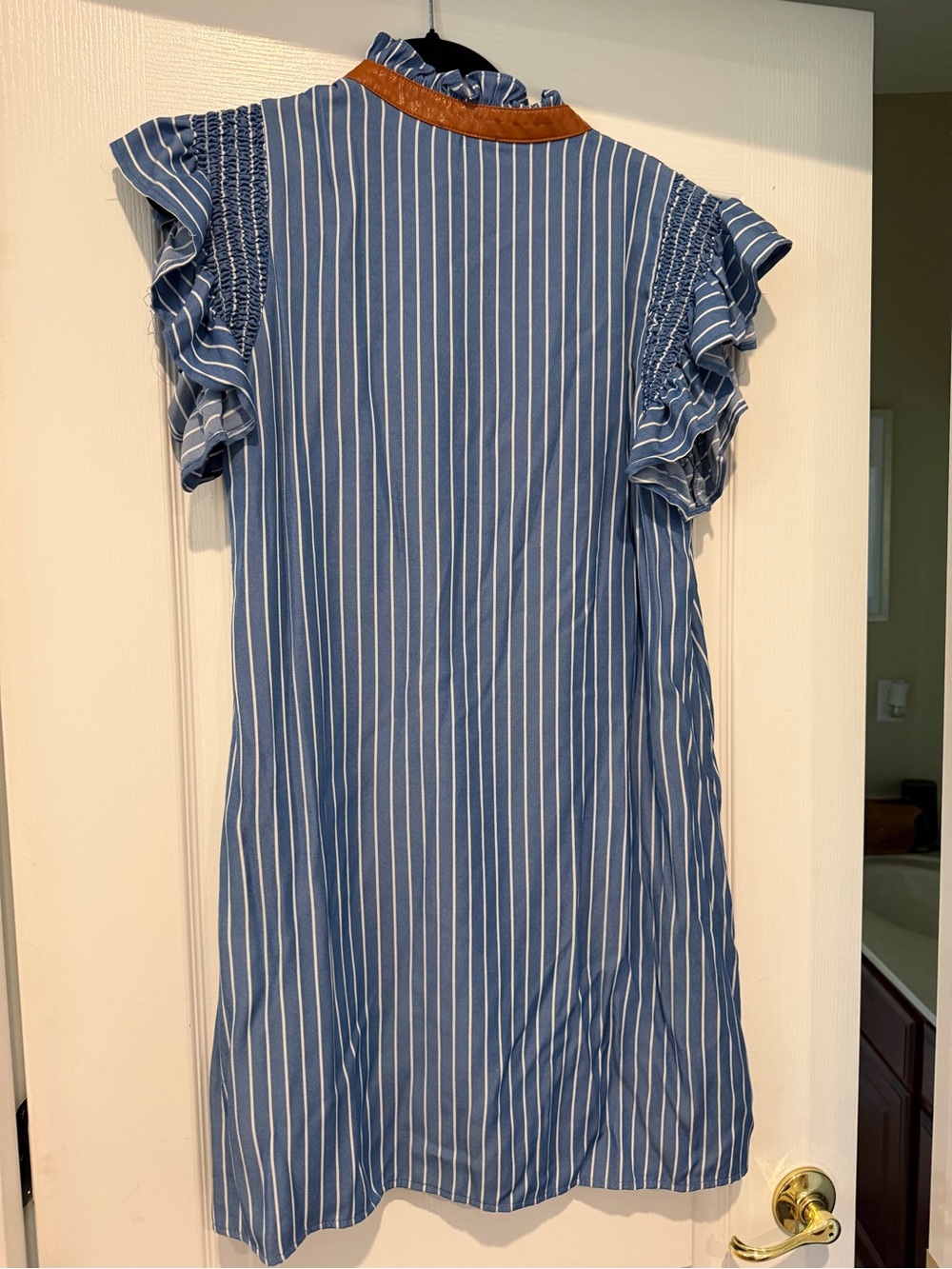 THML Blue Stripe Ruffle Sleeve Shift Dress with faux leather collar - Picture 3 of 4